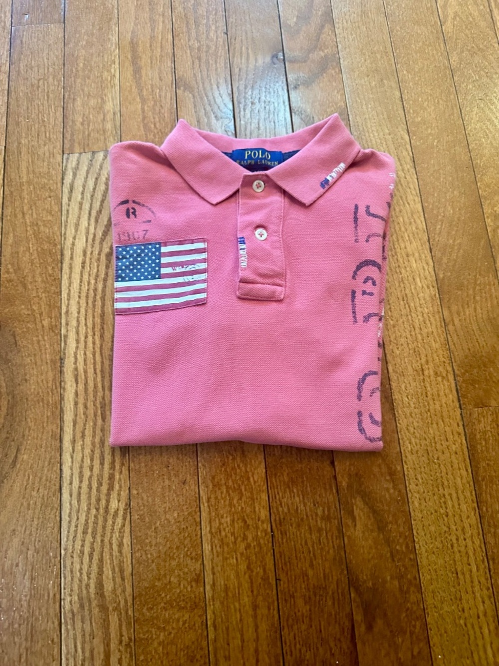 Polo Ralph Lauren Boys Pink Polo Shirt USA Flag Big Logo #55 Short Sleeve Size 8 - Picture 3 of 3